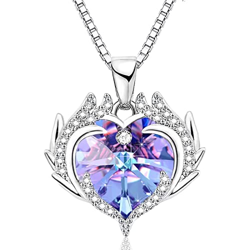 PANSHI Heart Necklace Silver Cute Diamond Crystal Pendant Birthstone Necklaces for Women Teen Girls Mothers Day Birthday Gifts for Women Her Girlfriend