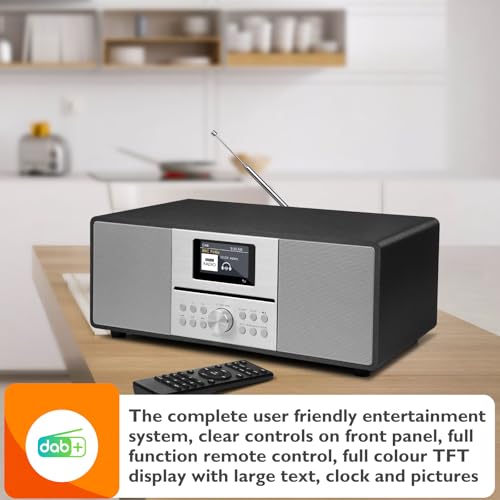 MangoKit MS4+ CD Player DAB Radio HiFi System I Bluetooth I Stereoanlage Kompaktanlage I Akustisches Holzgehäuse I CD Player mit Lautsprechern I 40 Presets,Kopfhöreranschluss I Metallisch Schwarz