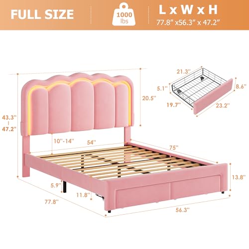 Full Upholstered LED Bed Frame with 2 Storage Drawers and Adjustable Chic Double Wavy Headboard, Velvet Princess Platform Bed with Charing Station, Solid Wood Slats Support,No Box Spring Needed, Pink