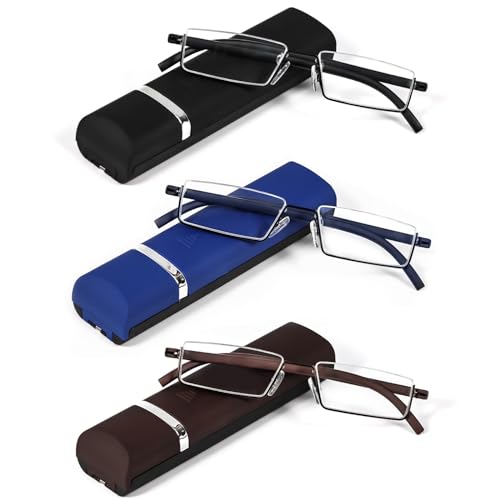 REAVEE 3 Pack Half Frame Reading Glasses for Men Women, Half Lens Slim Metal Lightweight Readers Portable Pocket with Case, Black Blue and Brown +2.0