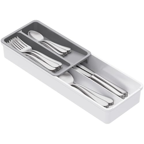 Lifewit Bandeja para cubiertos extraíble para cajones, 42 x 14,5 x 6 cm, 4 compartimentos, cesta compacta para cubiertos, organizador de cubiertos para cucharas, tenedores, cuchillos, color blanco y