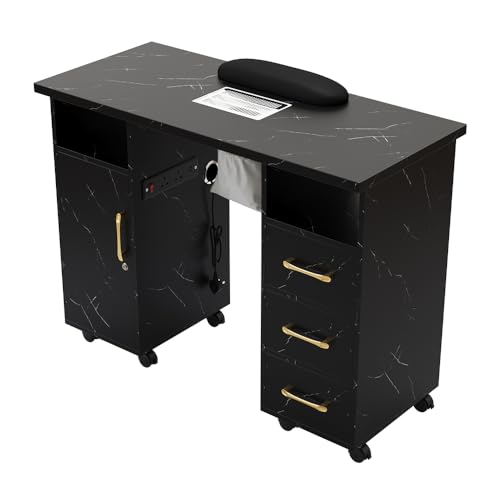 Warmiehomy Professional Nail Tech Desk Beauty Manicure Table Station with Dust Collector Removable Wrist Rest 8 Wheels 3 Drawers 1 Cabinets Nail Art Workstation for Hoom Salon Spa 102x45x78cm(Black)