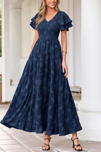 dowerme Maxi Dresses for Women 2026 Summer Ruffle Sleeve V Neck Smocked A Line Floral Boho Tiered Sundress Spring Outfit(Navy Blue,Small) — view 6