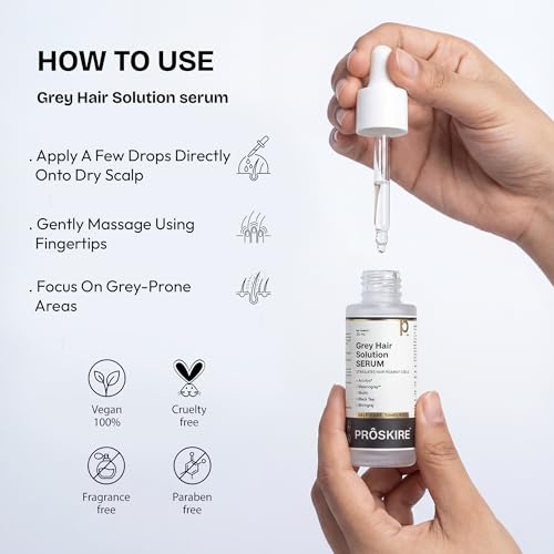 Image of Proskire Grey Hair Solution Serum | Arcolys, Melanogray, Biotin, Black Tea & Bhringraj | Helps to Reduce Premature Greying & White Hair Problem | For Men & Women | 30 ml