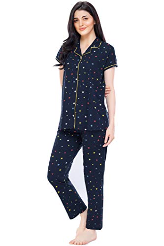 Image of ZEYO Women's Cotton Star Printed Night Suit Set Of Shirt & Pajama Set 5264
