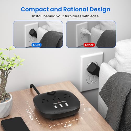 Extensión TRANSTON TTPS01- Black con 3 tomas y 3 puertos USB, control con interruptor, estación de carga de escritorio con cable de extensión de 1.52 m, compacto para noche, oficina y viaje - Negro miniatura 3