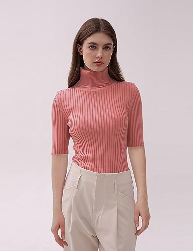 Image of v28 Women Turtleneck 1 /2 Half Sleeve Highly Stretchy Ribbed Knit Fitted Sweater
