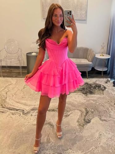 Strapless Short Homecoming Dresses for Teens 2025 Tiered Chiffon Graduation Cocktail Gown Ruffle Corset Prom Dress3