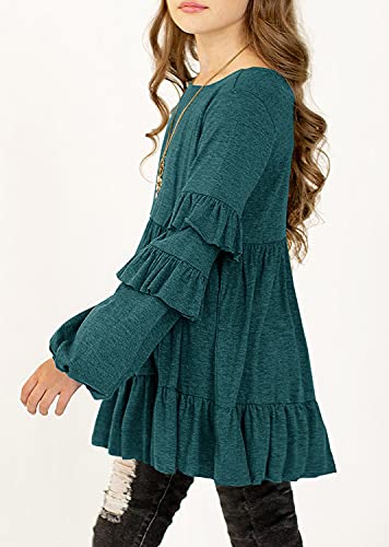 MITILLY Girls Crewneck Ruffle Long Sleeve Loose Pleated Babydoll Blouse Tops with Pockets3
