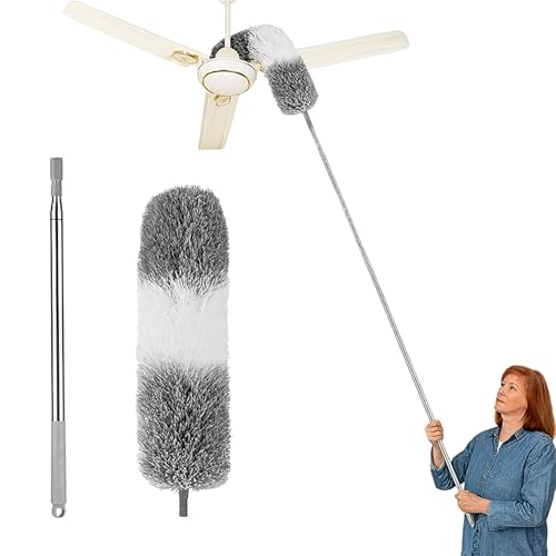 Image of Maxoshine Fan Cleaner Brush with Long Rod Flexible Fan Cleaning Mop Microfiber Dust Cleaner Foldable Duster Microfiber Duster for Cleaning of Home, Kitchen, Car (White /Grey - Feather Duster)