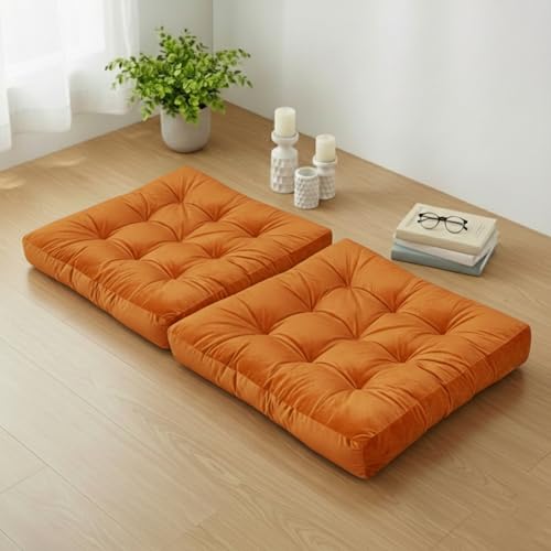 LUZIQOVE Velvet Floor Pillow for Adults, Tufted Square Cushion for Meditation, Yoga, Living Room, Chair, and Tatami Seating, 22x22 Inch Orange, 2pack