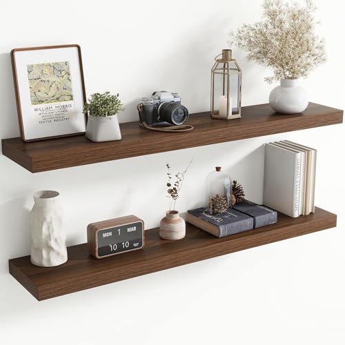 Image of 48 Inch Floating Shelves for Wall, 8 Inch Deep Floating Shelf for Storage & Display, Rustic Wall Mounted Shelf with Invisible Brackets for Living Room, Kitchen, Bathroom, Home Decor, Set of 2, Walnut