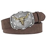 SANSTHS Cowboy Belts for Men Women - Western Belt and Buckle, PU-Leather Rodeo Cowgirl Belt for Jeans, Brown Longhorn 1.5"