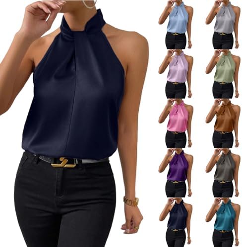Halter Tops Satin Shirts for Women Formal Layering Tank Sleeveless Blouse Dressy Sexy Business Casual Outfits