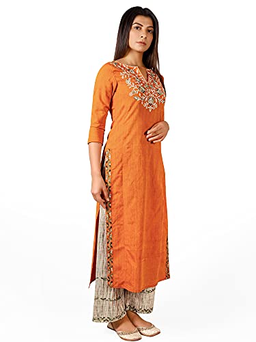 Image of d'WiU 100% Khadi Cotton Fabric Long Princess Line Long Kurta /Kurta Set /Suit with Embroidered Palazzo Pant for Women's & Girls,-01 Piece-Sleeves : 3 /4 th sleeves