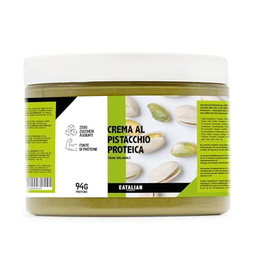 EATALIAN by AMZ BETTER Crema Proteica de Pistacho, Deliciosa Crema para Untar con un Sabor Dulce y Único, con 94 g de Proteínas, Ideal para Pan, Excelente para Dubai Chocolate, 500 gr Made in Italy