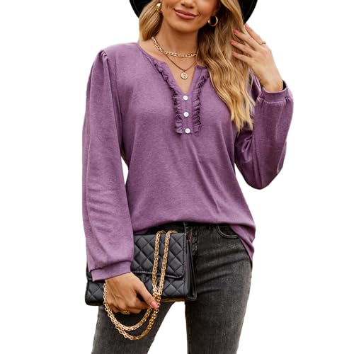 Jersey de Manga Larga, Camiseta de Otoño con Cuello en V para Mujer, Color Sólido Informal para Uso Diario (M)