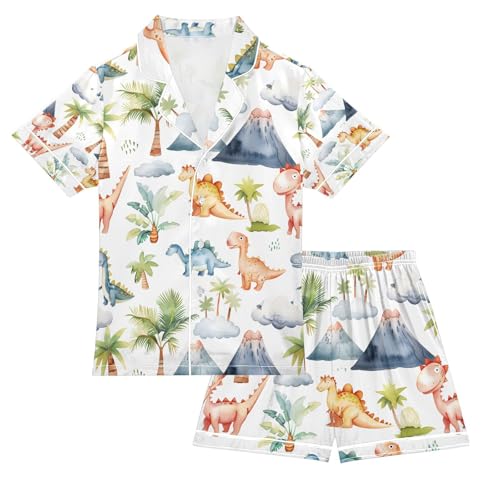 senya Mountain Dinos Satin Summer Pajama Sets Silk Short Sleeve Button Down Sleepwear