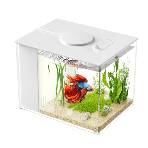 Vehipa 2.9L Kleines Betta Aquarium Komplettset, Nano Aquarium aus Acryl mit Filter, LED Light, Pump, Ideal for Small Fish, Shrimp, and Plants(Weiß)