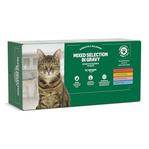 by Amazon Katzenfutter, nass, für ausgewachsene Katzen, Gemischte Auswahl in Sauce, 4.8kg (48 Packungen mit 100g)