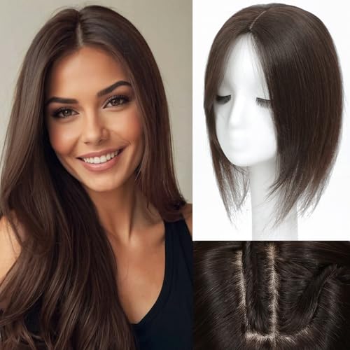 Rootoo Hair Toppers for Women Real Human Hair 14 Inch Realistic Biological Scalp Topper Hair Pieces for Women with Thinning Hair Clip in Curtain Bangs Big Base 360 Cover (Dark Brown 14 Inch)