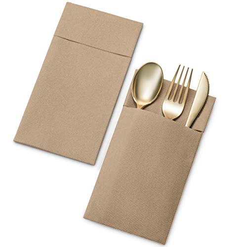 Disposable Linen-Feel Dinner Napkins With Built-In Flatware Pocket, 50-Pack Wood Prefolded Cloth Like Paper Napkins For Wedding, Dinner Or Party #TOP2