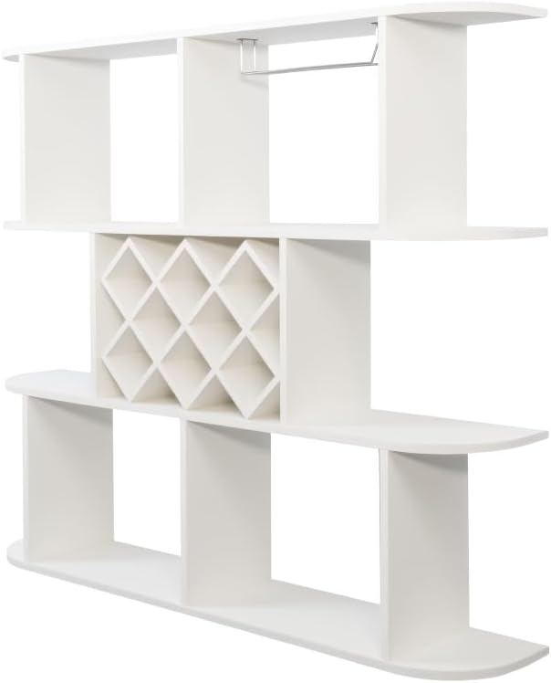 Rustic Large Wall Mounted 3-Tier Wine Rack with Wine Glass Holder, Multifunctional Wooden Storage Rack for Bottles and Glasses, Perfect for Home Bar and Dining Room Decor (White)
