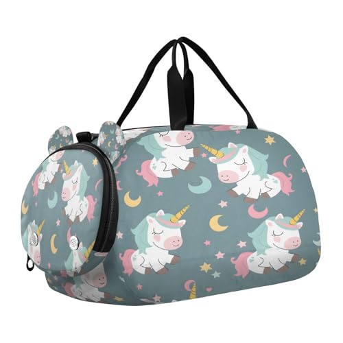 Gym Travel Duffle Bag for Boys Girls Unicorn Star Moon Pattern Sports Dance Bag with Shoe Compartment & Wet Pocket Football Kids Travel Bag Teens Sleepover Carry