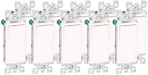 Leviton 5603-2W 15 Amp, 120/277V, Decora Rocker 3-Way AC Quiet Switch, Residential Grade, Grounding, 10 Pack, White