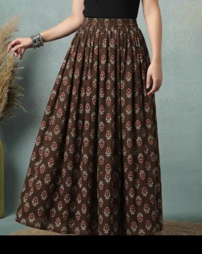 Image of Women's Floral Print Maxi Skirt, Maroon Red, 100% Pure Cotton, Elastic Waist, Full Length, Breathable Fabric