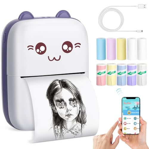 Mini Pocket Printer, Portable Thermal Printer with 10 Rolls Printing Paper for Android or iOS APP, Bluetooth Inkless Printer Gift for Kids, Friends, Used in Home, Office, Study