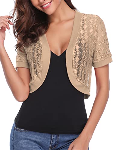 Totatuit Short Sleeve Bolero Jackets For Evening Dresses Summer Cropped Classic Crochet Sweaters Lace Floral Sheer Shrugs Khaki M #TOP1