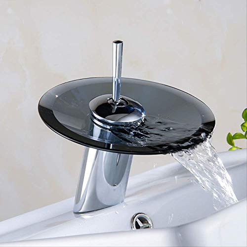 Bunter Glas Wasserfall Badezimmer Waschbecken Wasserhahn Chrom Waschbecken Wasserhahn Single Lever Deck Montiert Runde Mischbatterie Schwarzes Glas Cover