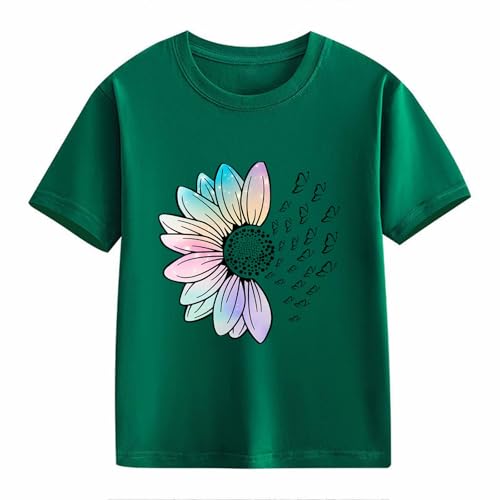 Girls Loose Fit Sunflower Graphic T Shirts Short Sleeve Crewneck Cute Pattern Printed Tops Kids (A-Green, 6-7 Years)2
