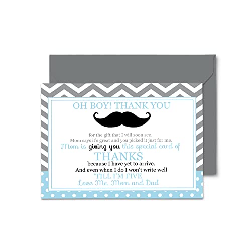 15 Mustache Thank You Cards with Grey Envelopes - Stationery for Boys Baby Shower - Dapper Chevron Stripes