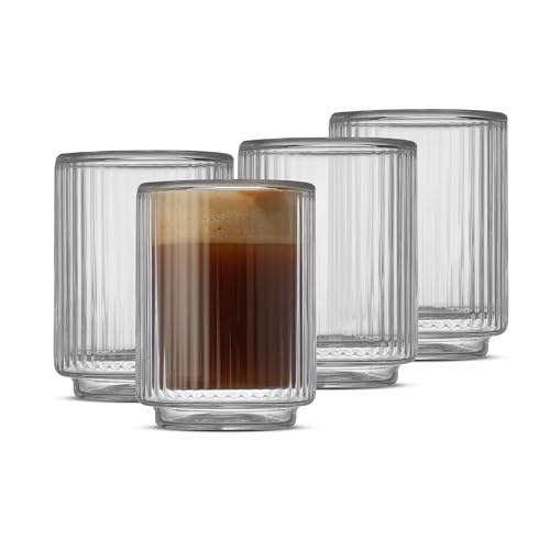 JoyJolt Haven Fluted Stackable Espresso Cups Set of 4, 2.5oz Ribbed Double Wall Glasses, Stacking Insulated Coffee Cup Set, Small Glass Coffee Cups for Espresso Machine Accessories