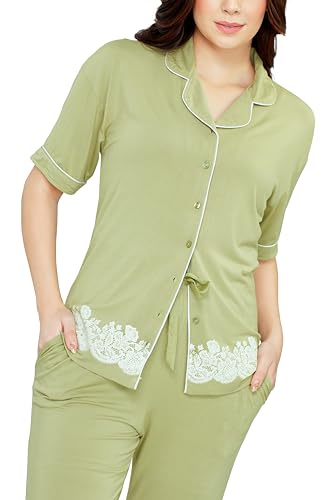Image of ZEYO - Women's Viscose Floral Printed Night Suit Set of Shirt & Pajama Set