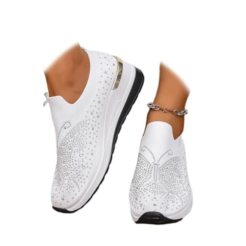 Women's Glittery Rhinestone Fashion Breathable Wedge Sneakers Summer Butterfly Embroidered Bling Sneakers for Women Sparkly Mesh Slip-on Walking Sneaker