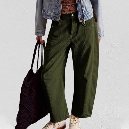 Corduroy Pants Women Barrel Mid-Rise Elastic Waist Cord Pants Wide Leg Dress Pants Baggy Casual Trouser with Pockets2
