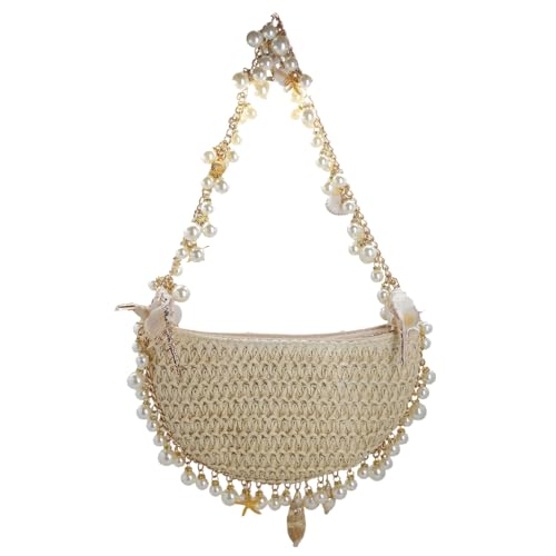 DEBIMY Women Pearl Straw Clutch Purse Woven Summer Beach Evening Bag Wedding Party Straw Shoulder Handbag Beige