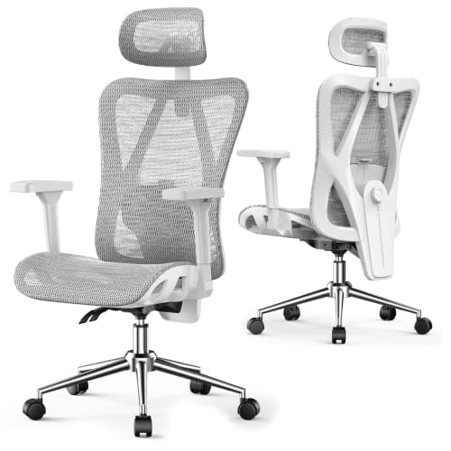 naspaluro Silla de Oficina Ergonómica con Reposacabezas, Respaldo Ajustable en 3 Posiciones, Carga hasta 150kg, Silla de Escritorio para Oficina y Home Office, Gris Claro