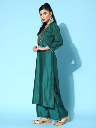 Image of INDO ERA Women's Teal Viscose Embroidered Straight Kurta & Palazzo With Dupatta Set (BOGSS3720)