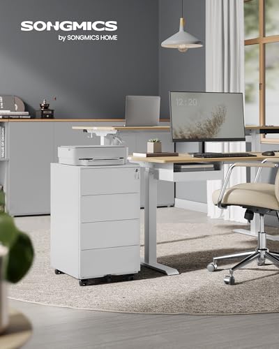 SONGMICS Schubladenschrank, Rollcontainer, mobiler Aktenschrank, Metallschrank, Druckertisch, abschließbar, 4 Schubladen, vormontiert, Büro, Homeoffice, 45 x 39 x 69 cm, wolkenweiß OFC064W14