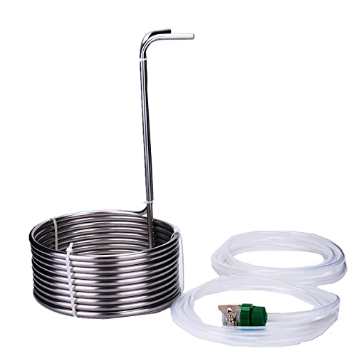 KK5 Immersion Wort Chiller Beer Cooling Coil - 50' Length Food Grade 304 Stainless Steel (OD 0.95cm ID 0.88cm) - Package with 2 * 2M Hoses, Fittings and Faucet Adapter Heavy-duty for Home Brewing