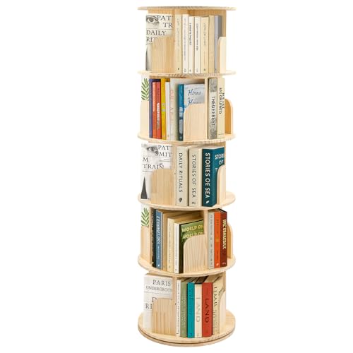 CROWNSHOP Wooden Rotating Bookshelf 5-Tier Pine Storage Shelf Spinning Bookshelf Natural Wood Color O-Shaped Ball Bearing Mortise & Tenon + Screw Assembly (5 Tier)