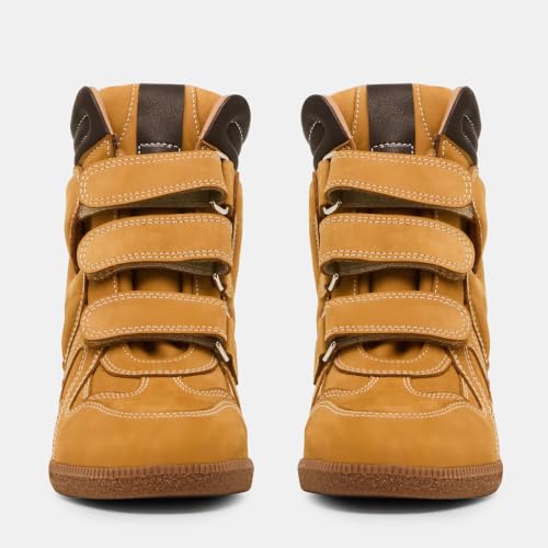Image of Dsevht Hidden Wedge Sneakers for Women High Top Fashion Sneaker Suede High Heel Platform Tennis Triple Strappy Band Casual Vintage Dressy Comfy Campus Trendy Retro Sneaker