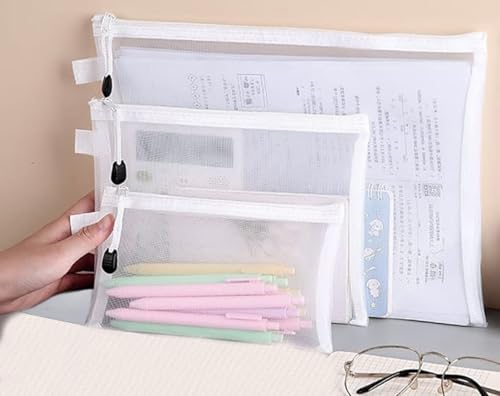 Image of YANCI Zipper Nylon Mesh Pouch, Mesh Cosmetic Bags, Zip Document Holder, Pencil Case, Multipurpose Travel Bags for School Office Supplies Cosmetic & Travel Accessories (A5, 2)