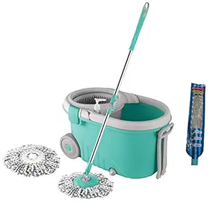 Spotzero by Milton Royale Steel Wringer Spin Mop With Big Wheels (Aqua Green, 2 Refills) & Spotzero By Milton Zero Dust Floor Broom (Aqua Green) (DCPDFLR021ASSR0024)