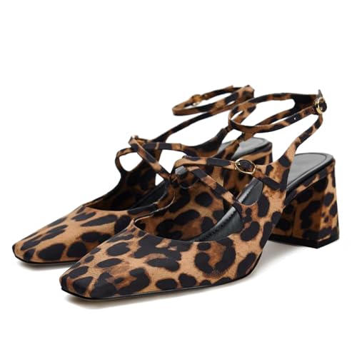 KysBloes Women Square Toe Slingback Heels Chunky Heel Ankle Strap Pumps Patent Leather Mary Janes Leopard Print Pumps with Buckle Shoes