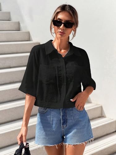 Image of TOPLOT V-Collar Solid Crop Shirt for Women with Half Sleeves, Polyester, Regular Fit